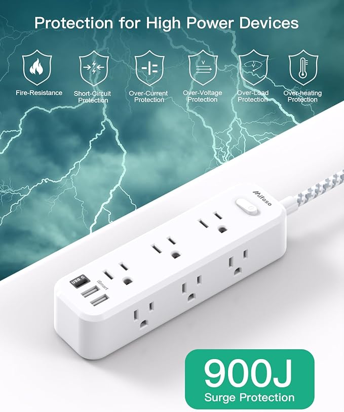 Mifaso Extension Cord 15 ft, Surge Protector Power Strip, Long Extension Cord with 9 Outlets 3 USB Ports, Extension Cord with Multiple Outlets, USB Power Strip for Dorm Room Essentials, College, White