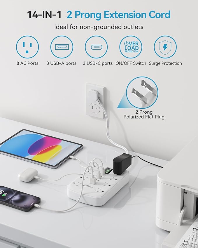 Short Extension Cord 1 ft - 2 Prong Power Strip 1700J Appliance Surge Protetor with 15A 8 Outlets 6 USB (5V/4.8A 24W) Charging Ports, Multi Plug Wall Outlet Extender for Home Office Dorm Roomc, White