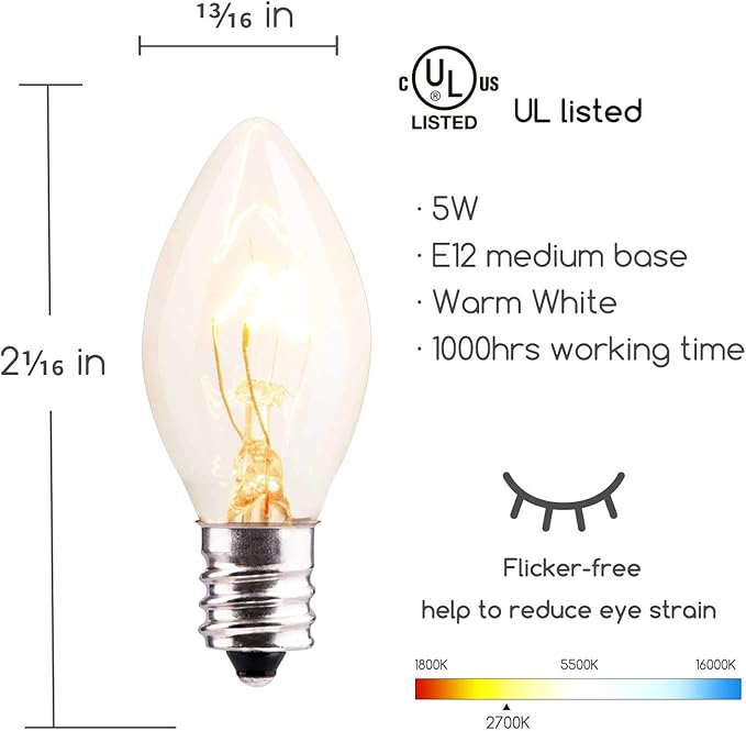 Brightown 50-Pack C7 Christmas Replacement Bulbs, C7 Clear Incandescent Bulbs for Christmas Light Strings, E12 Candelabra Base, 5 Watt, Clear