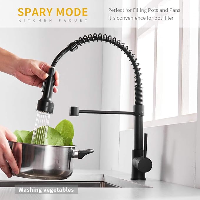 AIMADI Kitchen Faucet with Sprayer, Modern Single Handle Pull Down Sprayer Spring Matte Black Kitchen Sink Faucet with LED Light