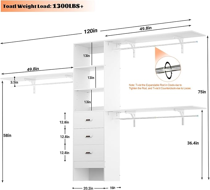 Armocity 120 Inches Closet System, 10FT Walk In Closet Organizer with 3 Shelving Towers, Heavy Duty Clothes Rack with 3 Drawers, Built-In Garment Rack, 120" L x 16" W x 75" H, Max Load 1300 LBS, White