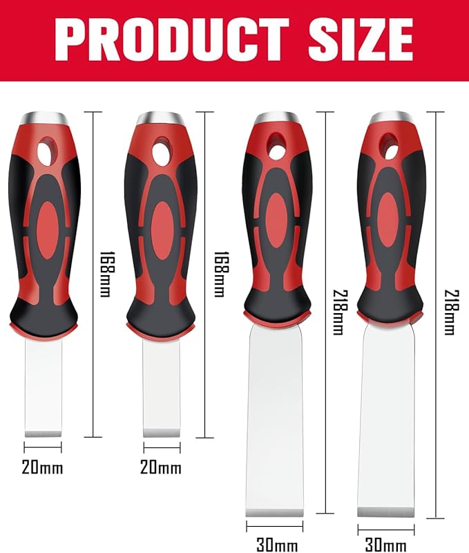 ROTATION Extra Thick Scraper Set, 4 piece, Soft Grip, Heavy Duty, Scraper with Hammer End, Stainless Steel Putty Knife