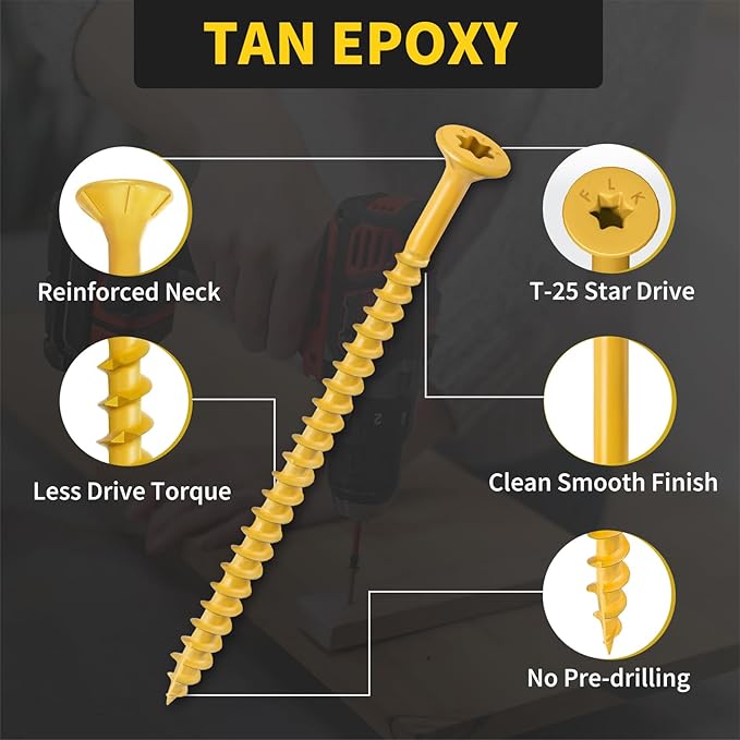 Wood Screws 4 Inch, FIXLINK Deck Screws #10 x 4, 50 PCS, Epoxy Coated, T25 Star Bit Above 1500 Hour Salt Spray Coating Outdoor Decking Screws Excellent Rust Resistant for Wood Fence, Tan
