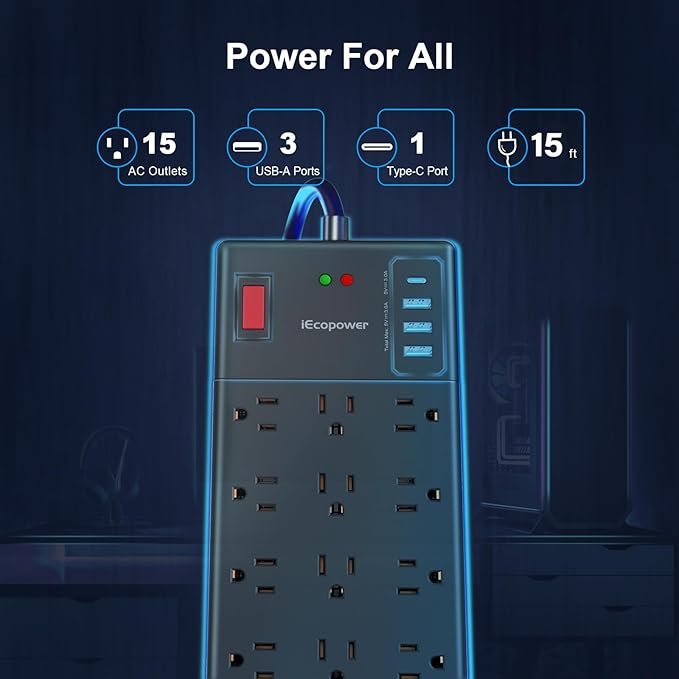 Surge Protector Power Strip 15 ft cord-15 Widely Spaced Outlets and 4 USB Ports(1 USB C Port),14 AWG Extension Cord,1875W/15A Heavy Duty Power Strip Surge Protector 15 ft Cord,2800J,Black