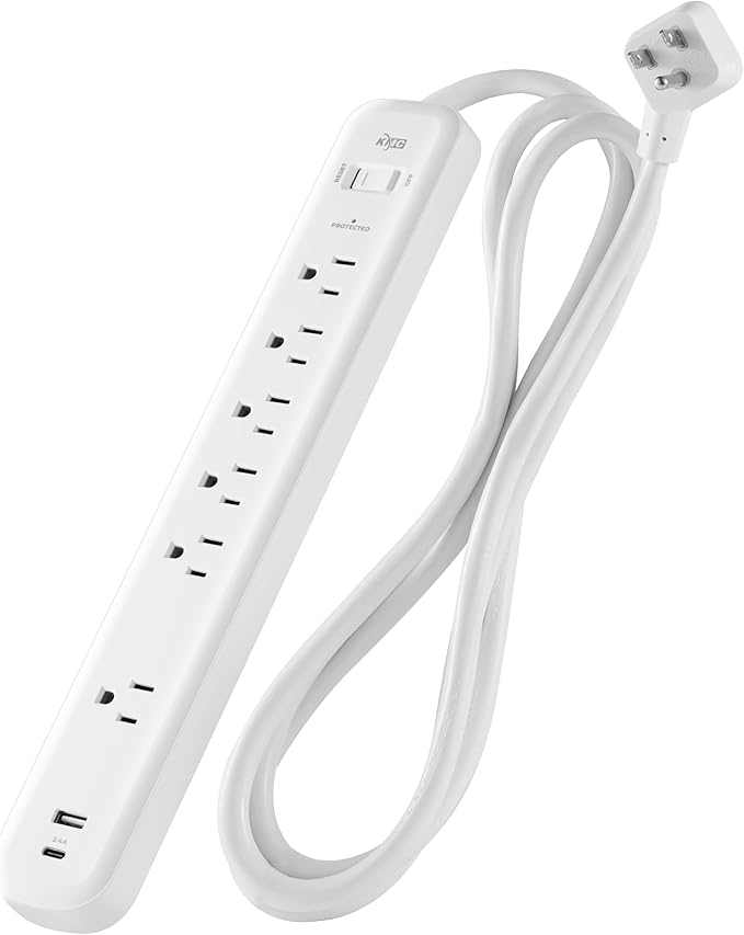 KMC 6-Outlet Surge Protector Power Strip, 1 USB-A & 1 USB-C Port, 840J Power Surge Protectors, 6ft Extension Cord, Flat Plug, White Power Strip Surge Protector, ETL/UL Certified Power Strips, White