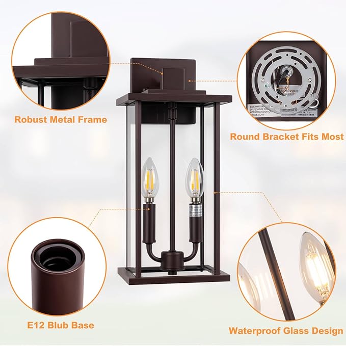 2-Pack 16" Large Outdoor Wall Light Fixtures, 2-Light Exterior Front Porch Light, Brushed Outdoor Sconce Lights, Waterproof Farmhouse Lamp Lighting (Bronze, 16in No Sensor)