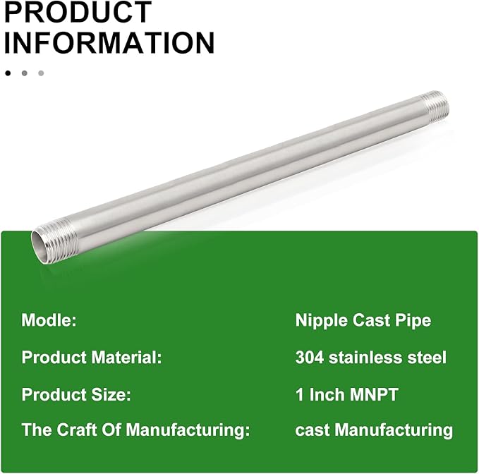 TAISHER 2Pcs Stainless Steel Pipe Fittings, 1" NPT x 1" NPT Male Threaded, 12" Length Nipple Cast Pipe