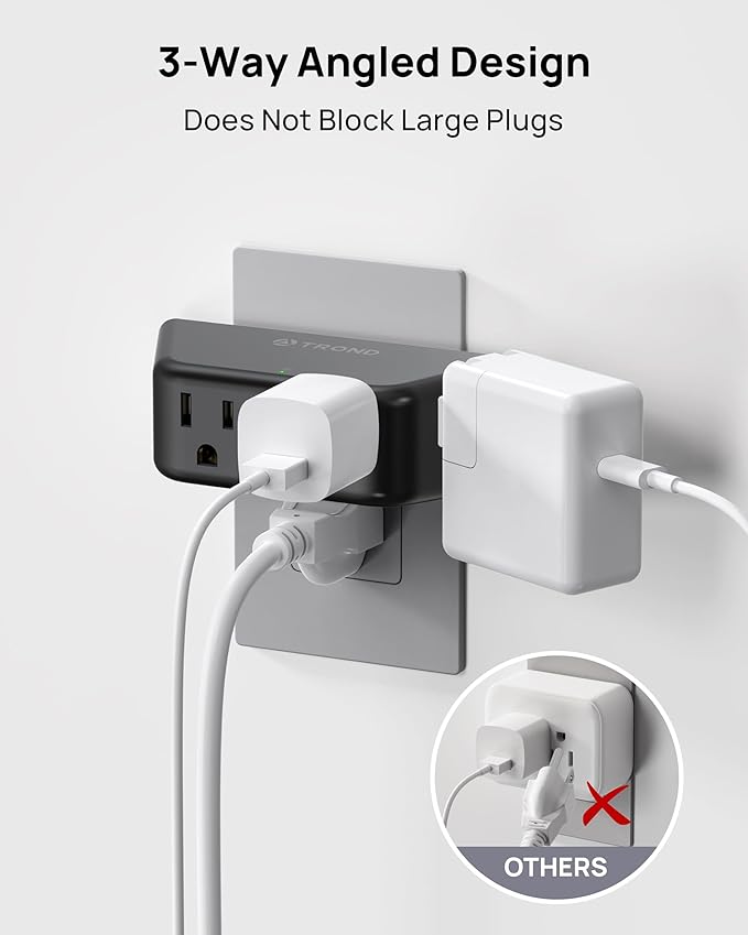 TROND Multi Plug Outlet Extender - Surge Protector Outlet Splitter with 4 Grounded Sockets, Angled Wall Plug Adapter, 900J, Multiple Wall Expander for Bathroom Kitchen Travel Dorm Room, Black