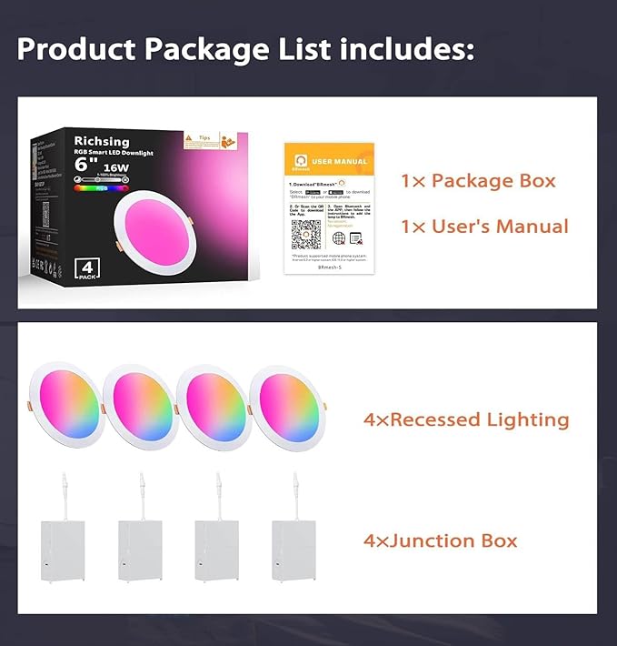 Recessed Lighting 6 inch, 4Pack RGBCW Recessed Ceiling Lights with Junction Box, 16W 1350lm LED Recessed Lights 2700 to 6000K Canless LED Downlight Dimmable by Alexa and APP