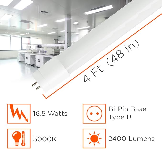 GoodBulb 4-ft T8 LED Tube Lights, 16.5-Watt (32W Equivalent) 5000K Daylight, 2400-Lumens, 83 CRI, Type B Direct Wire (Pack of 25)