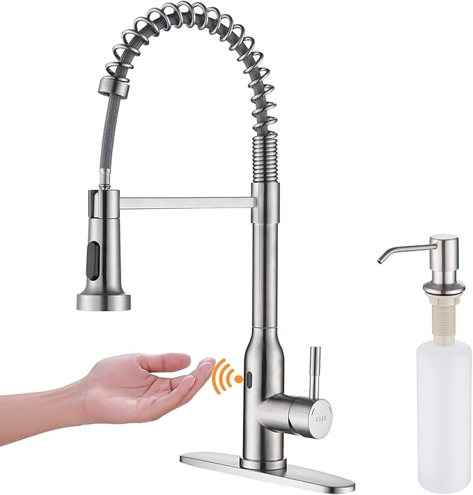 Touchless Kitchen Faucet,KEER Smart Motion Sensor Hands Free Single Handle Spring Kitchen Sink Faucet with Pull Down Sprayer,Brushed Nickel