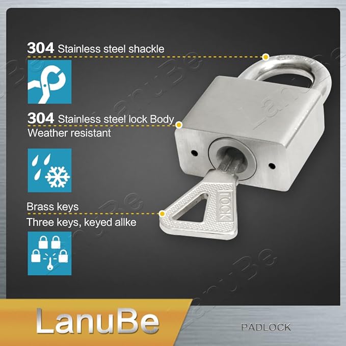 LanuBe 304 Stainless Steel keyed Alike Marine Small Padlocks for Outdoor use, 1-9/16 inch Wide Body, Stainless Steel Body, Normal Shackle, Pack of 2