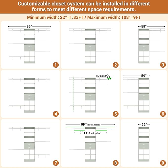 Closet System - 4.75-8FT Closet Organizer System with Wooden Drawers & Cube Storage Organizer, Up To 96" Closet Systems for Nursery & Walk-In Closets with Cuttable Hanging Shelving, Crab Green