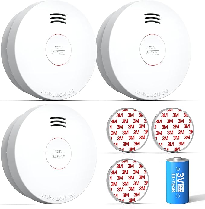 SITERWELL Smoke Detector, Smoke Detector 10 Year Battery with Photoelectric Sensor, Fire Alarm with Low Battery and Fault Warning for House and Bedroom, UL217-9th Listed, GS525A, 3 Packs