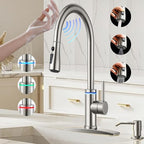 Smart Kitchen Faucet, 3 Modes Pull Down Sprayer, Touch On Sensor Activated, LED Temperature Control, 360-Degree Rotation, 1 or 3 Hole Deck Plate. 10-Year Warranty. (KW-70SN, Brushed Nickel)