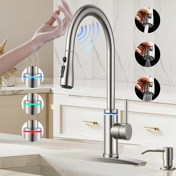 Smart Kitchen Faucet, 3 Modes Pull Down Sprayer, Touch On Sensor Activated, LED Temperature Control, 360-Degree Rotation, 1 or 3 Hole Deck Plate. 10-Year Warranty. (KW-70SN, Brushed Nickel)