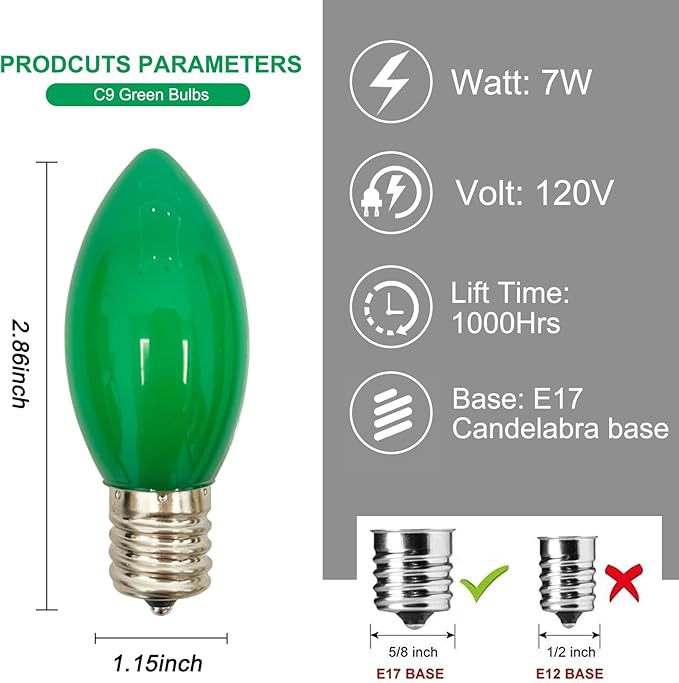 Abeja 25 Pack C9 Green Replacement Bulbs, 7W Vintage Incandescent Light Bulbs for Christmas Wedding Patio St. Patrick's Day Decoration, E17/C9 Intermediate Base