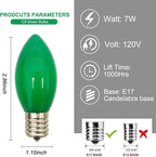 Abeja 25 Pack C9 Green Replacement Bulbs, 7W Vintage Incandescent Light Bulbs for Christmas Wedding Patio St. Patrick's Day Decoration, E17/C9 Intermediate Base