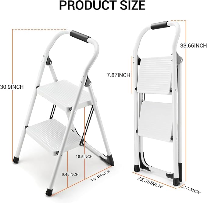 Step Stool for Adults,2 Step Ladder Folding 330lbs Anti Slip Step Stool,Foldable Ergonomic 2 Steel Stool with Wide Pedal for Home, Kitchen, Office (White)