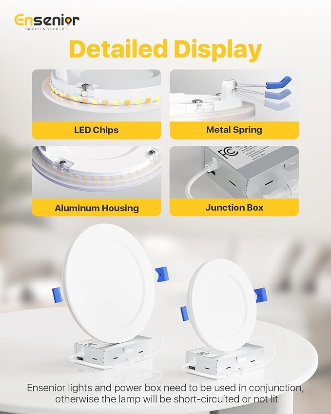 Ensenior 20 Pack 6 Inch LED Recessed Ceiling Light with Night Light, Dimmable, 2700K-5000K 5CCT, 1050LM 12W 120V, High Brightness Canless Wafer Downlight - FCC