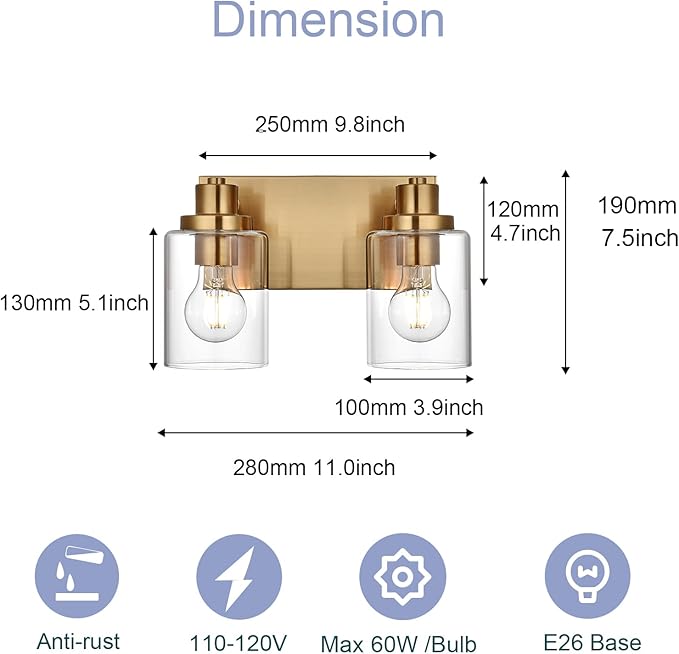2 Light Bathroom Vanity Lights Brushed Brass Bathroom Lighting Fixtures over Mirror with Clear Glass Shade, Vintage Gold Vanity Light For Bathoom, Modern Bathroom Wall Vanity Lighting Fixtures