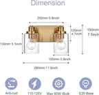 2 Light Bathroom Vanity Lights Brushed Brass Bathroom Lighting Fixtures over Mirror with Clear Glass Shade, Vintage Gold Vanity Light For Bathoom, Modern Bathroom Wall Vanity Lighting Fixtures