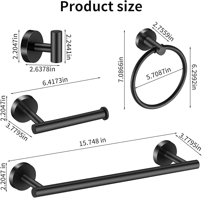 Towel Bar Set Mattel Black, Bathroom Accessories Set 5pcs Including 16'' Tower Bar, Towel Ring and 2 PCS Towel Hooks
