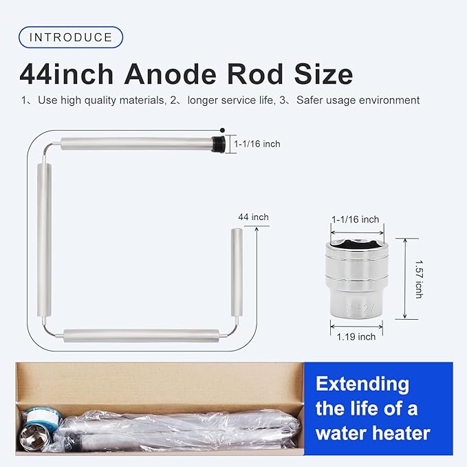 44 Inch Flexible Magnesium Water Heater Anode Rod 3/4" NPT Thread Replacement for AO Smith, Rheem, Reliance, Richmond, Kenmore, GE & State Includes 1-1/16" Hex Socket Tool & Teflon Tape