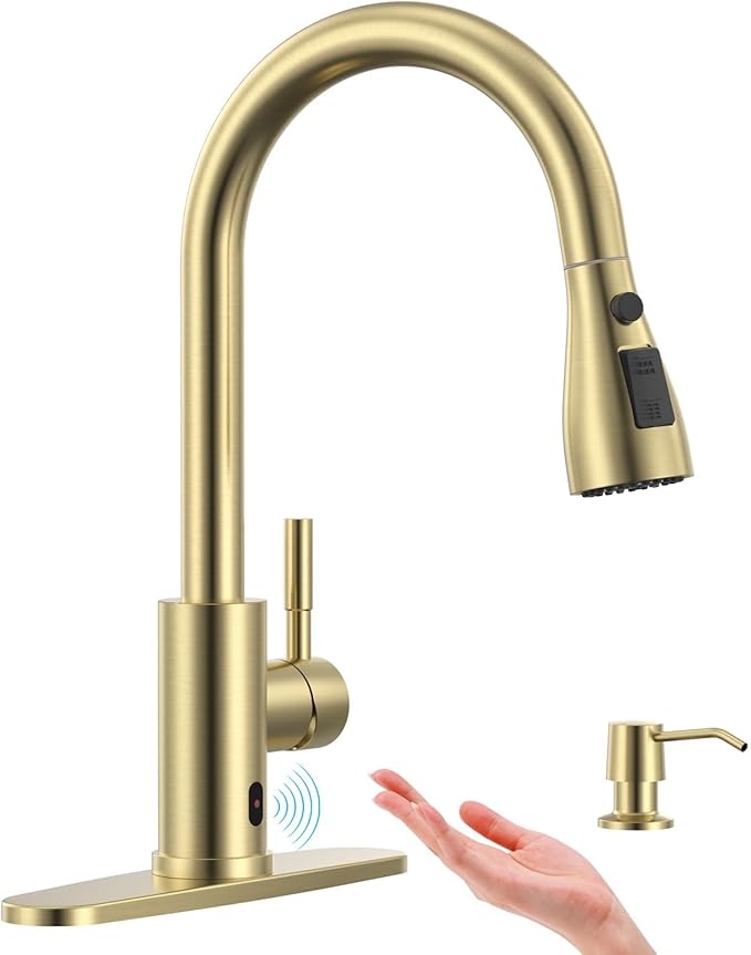 APPASO Touchless Kitchen Faucets Gold, Brushed Gold Kitchen Faucet Touchless, Touchless Kitchen Faucet with Pull-Down Sprayer and Soap Dispenser, Stainless Hands Free Faucet for Kitchen Sink 2-4 Hole