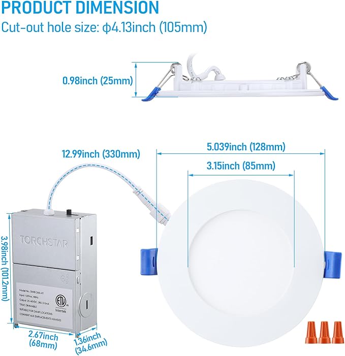 TORCHSTAR Basic Series 12-Pack 5CCT 4 Inch Ultra-Thin LED Recessed Lighting with J Box, CRI90, Aluminum, 2700K3000K3500K4000K5000K, 5%-100% Dimmable Slim Recessed Downlight, 9W 810LM, ETL & ES