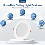 Amico 36 Pack 6 Inch 5CCT Ultra-Thin LED Recessed Ceiling Light with Junction Box, 2700K/3000K/3500K/4000K/5000K Selectable, 1050 Lumens, Dimmable Canless Wafer Downlight, 12W Eqv 110W-ETL&FCC