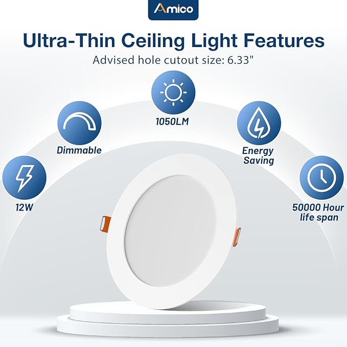 Amico 48 Pack 6 Inch 5CCT Ultra-Thin LED Recessed Ceiling Light with Metal Junction Box, 2700K-5000K Selectable, 12W Eqv 110W, Dimmable Canless Wafer Downlight with Plastic Trim, 1050 Lumens -ETL&FCC