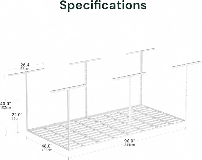 SunsGrove 4x8 Overhead Garage Storage Rack Organization, Adjustable Ceiling Mounted Storage Racks, 800LBS Weight Capacity, 22"-40" Ceiling Dropdown, White