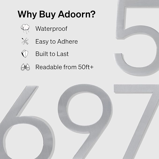 Adoorn 4 Inch Mailbox Numbers - Number 5, Silver Color, Each Sold Individually, Premium Metal Self Stick Address Numbers, Weatherproof Mailbox Numbers for Outside