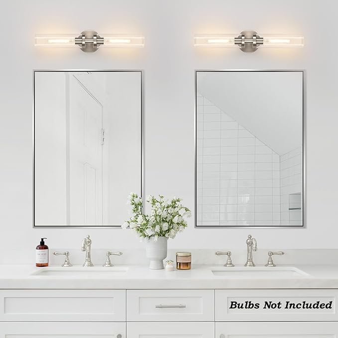 Wall Sconces Set of Two, Hardwired Brushed Nickel Bathroom Sconces Wall Lighting with Clear Glass, Modern Sconces Wall Decor Set of 2 Bathroom Light Fixtures for Mirror Hallway (Bulbs Not Included)