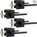Probrico Privacy Black Door Handle Interior Lockset Heavy Duty Square Door Lever for Bedroom or Bathroom Reversible Keyless Slim Handleset Door Knob 4 Pack