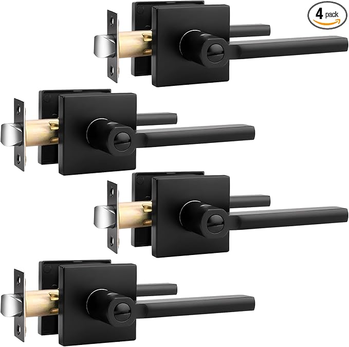 Probrico Privacy Black Door Handle Interior Lockset Heavy Duty Square Door Lever for Bedroom or Bathroom Reversible Keyless Slim Handleset Door Knob 4 Pack