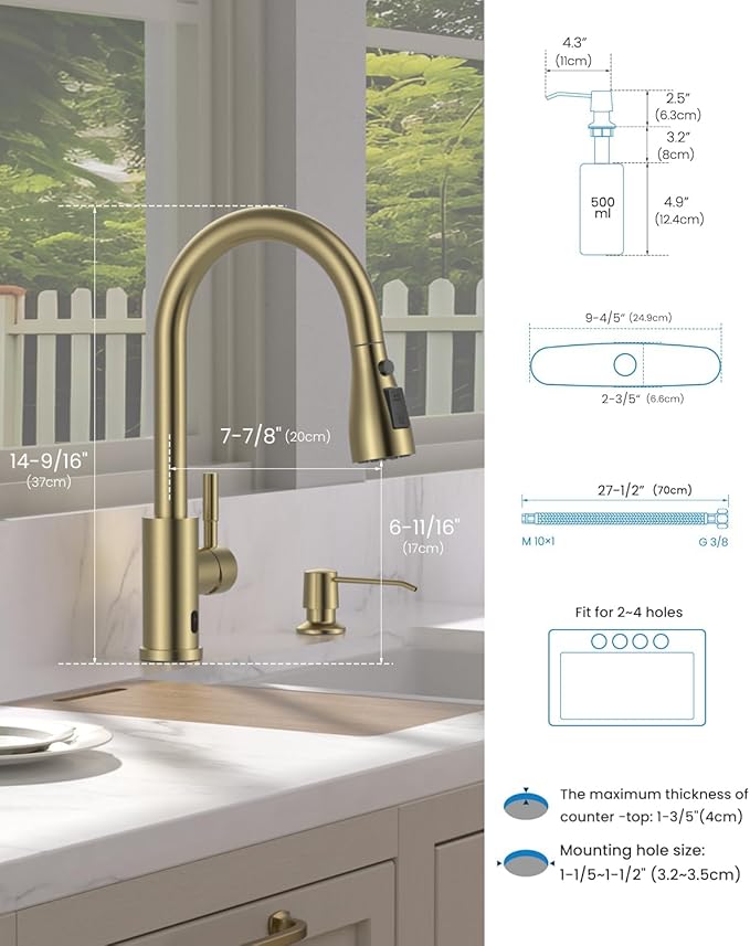 APPASO Touchless Kitchen Faucets Gold, Brushed Gold Kitchen Faucet Touchless, Touchless Kitchen Faucet with Pull-Down Sprayer and Soap Dispenser, Stainless Hands Free Faucet for Kitchen Sink 2-4 Hole