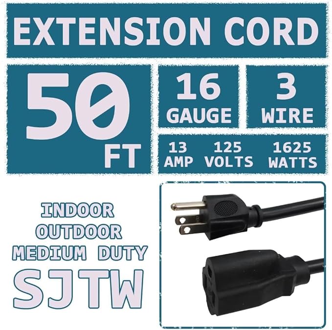Indoor Outdoor Extension Cord 50 FT Waterproof, 16/3 Gauge Heavy Duty Black Extension Cords, 13A 1625W SJTW Extension Cord with 3 Prong Grounded Plug, Great for Tools, Lights, UL Listed.