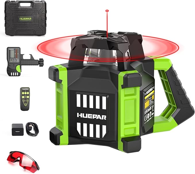 Huepar Electronic Self-Leveling Rotary Red Laser Level Kit - 360 Horizontal Laser Beam Interior/Exterior Rotating Laser Level Tool with Receiver, Protective Glasses, Li-ion Battery, Hard Case RL300HR