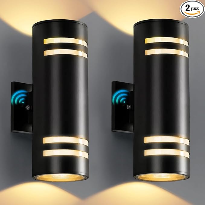 KIZON Dusk to Dawn Outdoor Lighting 2 Pack, Modern Outdoor Wall Light Black Exterior Lighting Fixtures Wall Mount with Bulbs Included, Cylinder Outdoor Sconce Lights for House Porch, ETL Listed