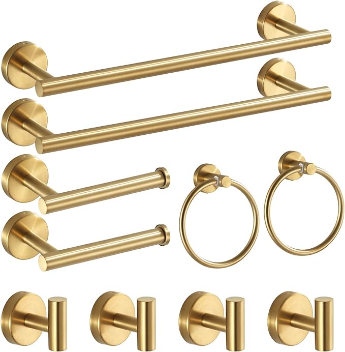 Bathroom Hardware Set Brushed Gold, 10pcs Towel Bar Set Including 2pcs16 inch Towel Bars, Toilet Paper Holders, Towel Rings and 4pcs Robe Towel Hooks