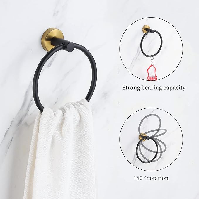 Bathroom Hardware Set Black and Gold，Towel Bar Set Including 2pcs 16inch Towel Bars, 2pcs Toilet Paper Holders, 2pcs Towel Rings and 4pcs Robe Towel Hooks