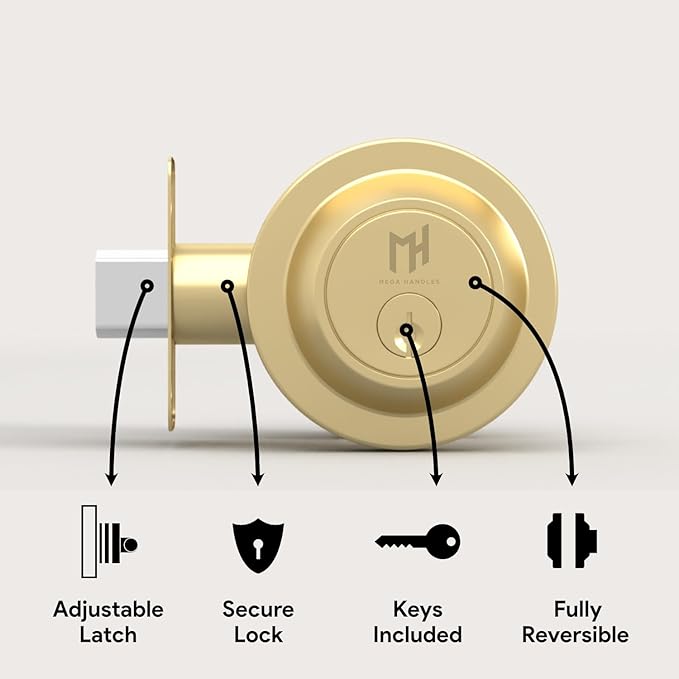 Mega Handles - Ronn Entrance Deadbolt I Deadbolt for Entry Lever Door Handle - Heavy Duty Round Lock for Left or Right-Handed Doors - Interior/Exterior Door Lever Deadbolt- Satin Brass