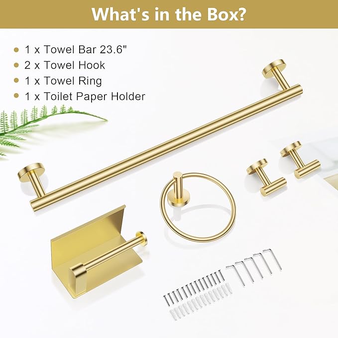 TQKAG 5 Piece Bathroom Towel Bar Holder Sets Brushed Gold Bathroom Hardware Set Stainless Steel Toilet Paper Holder with Shelf Bathroom Accessories Kit Wall Mounted