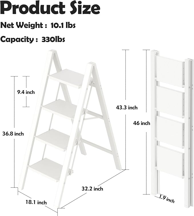 Taranta 4 Step Ladder,Aluminum Lightweight Folding 4 Step Stool with Anti-Slip Wide Pedal,330lbs Capacity Step Ladder for Household,Kitchen,Office - White