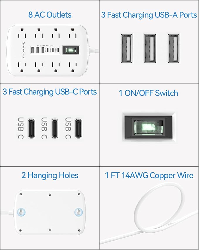 Short Extension Cord 1 ft, Small Power Strip Flat Outlet Extender Surge Protector with 8 AC Outlets 6 USB (5V/4.8A 24W), Mini Extension Cord Flat Wall Plug for Home Office Dorm Kitchen Bathroom