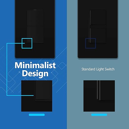 LIDER Minimalist Design Matte Finish Lighted Double Switch with Screwless Wall Plate, Combination Frameless Decorator Switch with Locator Light, Ground Terminal Single Pole, 15A 120V, UL Listed, Black