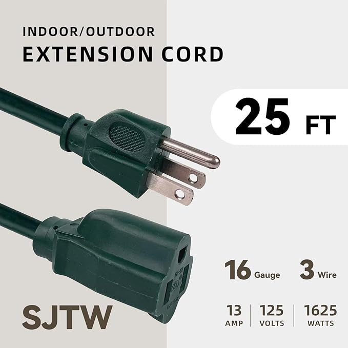 25ft Outdoor Extension Cord - 16/3 Heavy Duty SJTW Waterproof Green Electrical Cable with 3 Prong Grounded Plug for Safety, Great for Lawn and Major Appliances