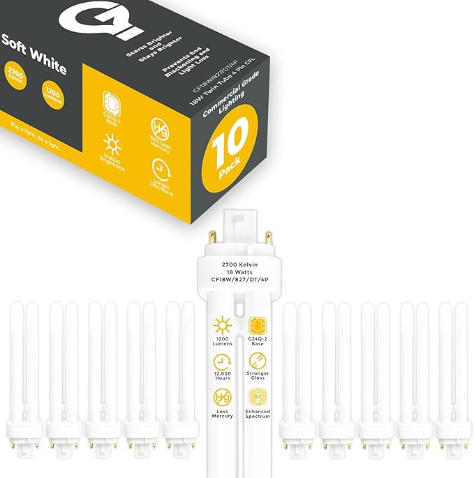 GoodBulb 18 Watt CFL Light Bulbs 4 Pin G24Q-2 Base 2700K Soft White 18W High Output 1200 Lumens Double Tube Compact Fluorescent Light Bulbs Plug-in 10 Pack